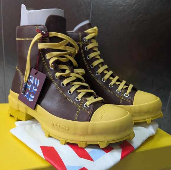 Camper Shoes - Camper Lace-Up Traktori Leather Lug Sole Boots in Brown and Yellow